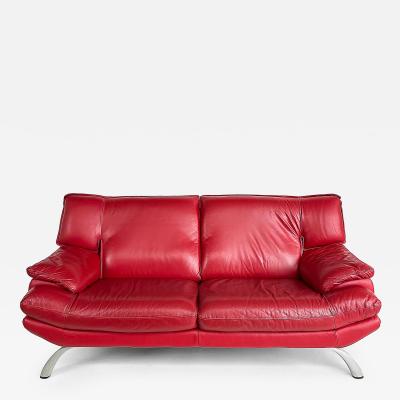 Contemporary Italian Red Leather Love Seat Metal Legs