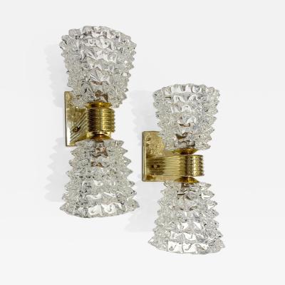 Contemporary Italian Rostrato Crystal Murano Glass Brass Double Lit Sconces