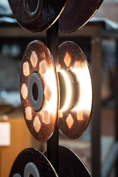 Contemporary Italian Round Green Blue Murano Glass Double Discs Totem Floor Lamp