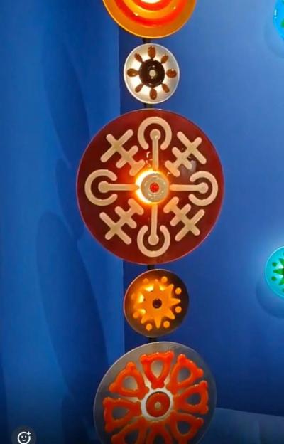 Contemporary Italian Round Green Blue Murano Glass Double Discs Totem Floor Lamp