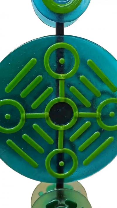 Contemporary Italian Round Green Blue Murano Glass Double Discs Totem Floor Lamp