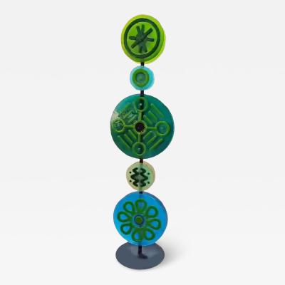 Contemporary Italian Round Green Blue Murano Glass Double Discs Totem Floor Lamp