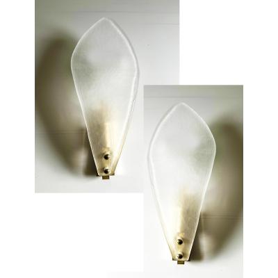 Contemporary Italian Sanded Leave Murano Glass Walls Sconce A Pair