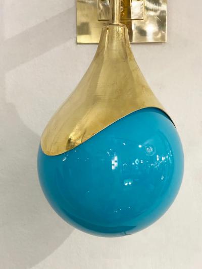 Contemporary Italian Single Two Globe Turquoise Murano Glass Brass Sconce