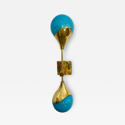 Contemporary Italian Single Two Globe Turquoise Murano Glass Brass Sconce