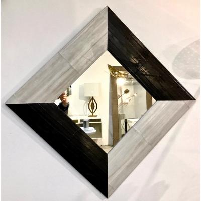 Contemporary Italian Square Diamond Mirror in Black and Gray White Leather
