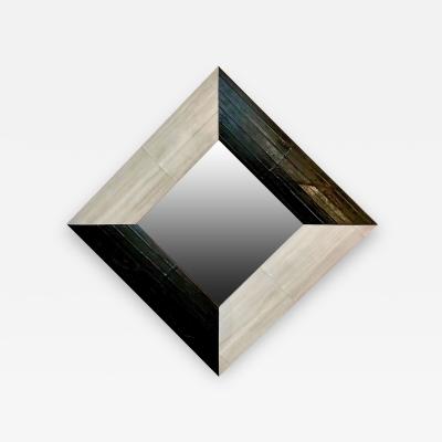 Contemporary Italian Square Diamond Mirror in Black and Gray White Leather