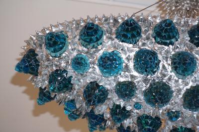 Contemporary Italian Turquoise Blue Clear Glass Oval Silver Flush Chandelier