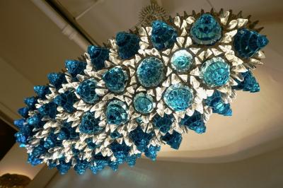 Contemporary Italian Turquoise Blue Clear Glass Oval Silver Flush Chandelier