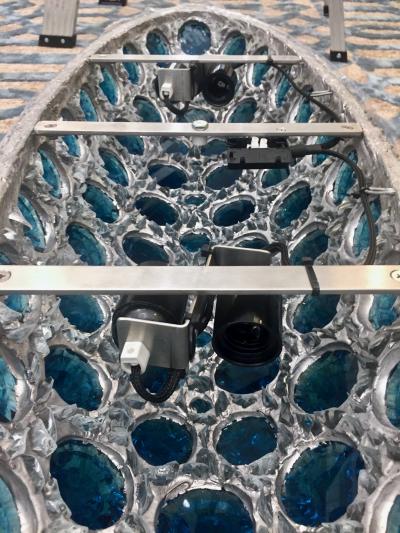 Contemporary Italian Turquoise Blue Clear Glass Oval Silver Flush Chandelier