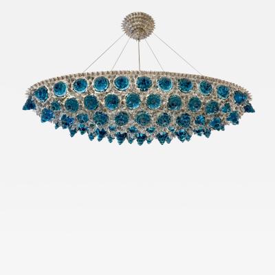 Contemporary Italian Turquoise Blue Clear Glass Oval Silver Flush Chandelier