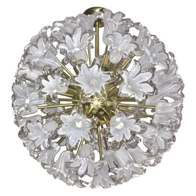 Contemporary Italian White Murano Glass and Brass Sputnik Bud Flower Chandelier