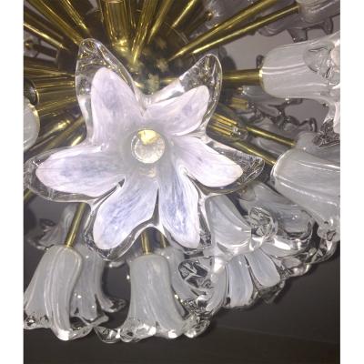Contemporary Italian White Murano Glass and Brass Sputnik Bud Flower Chandelier
