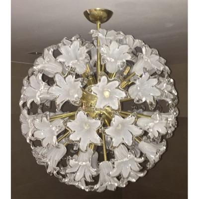 Contemporary Italian White Murano Glass and Brass Sputnik Bud Flower Chandelier