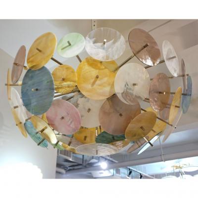 Contemporary Italian Yellow White Aqua Blue Murano Glass Oval Sputnik Flushmount
