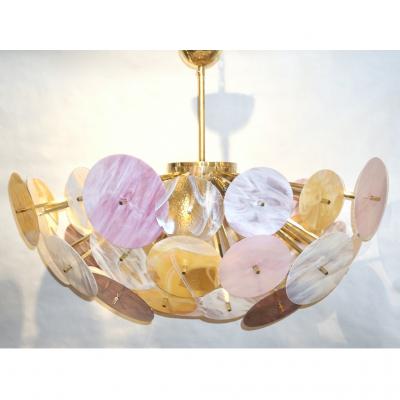 Contemporary Italian Yellow White Rose Pink Murano Glass Oval Sputnik Flushmount