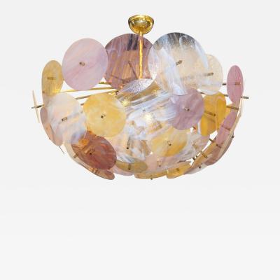 Contemporary Italian Yellow White Rose Pink Murano Glass Oval Sputnik Flushmount