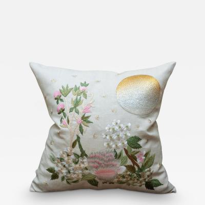 Contemporary Large Embroidered Pillow with Moon and Floral Motifs on Linen