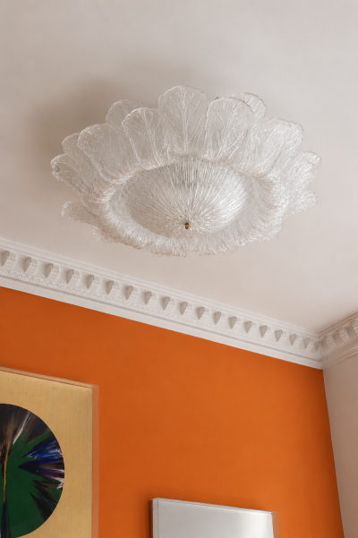 Contemporary Large Italian Clear Murano Glass Leaf Flush Mount Ceiling Light