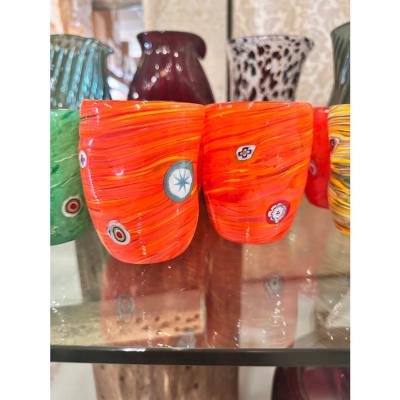 Contemporary Lively Amber Rods and Murrine Murano Glass Set of 6