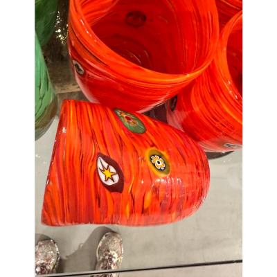 Contemporary Lively Amber Rods and Murrine Murano Glass Set of 6