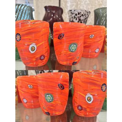 Contemporary Lively Amber Rods and Murrine Murano Glass Set of 6