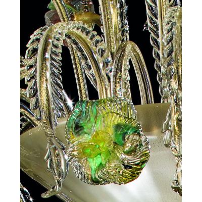 Contemporary Lively Transparent and Gold Floral Chandelier in Murano Glass