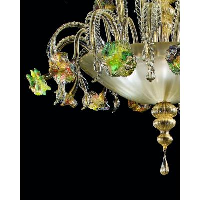 Contemporary Lively Transparent and Gold Floral Chandelier in Murano Glass