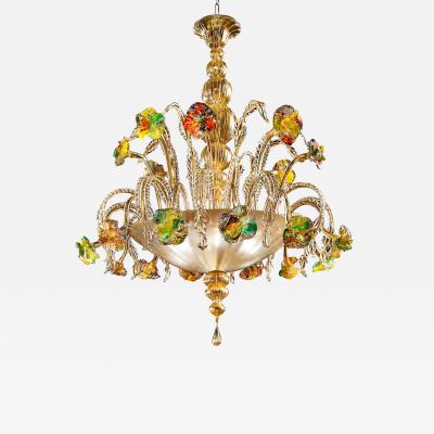 Contemporary Lively Transparent and Gold Floral Chandelier in Murano Glass