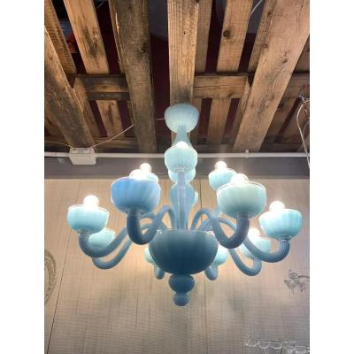 Contemporary Matte Light Blue Murano Glass Chandelier