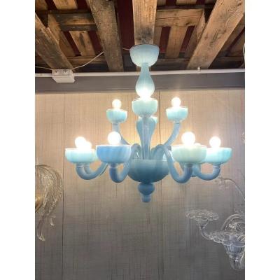Contemporary Matte Light Blue Murano Glass Chandelier