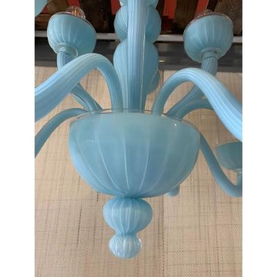 Contemporary Matte Light Blue Murano Style Glass Chandelier
