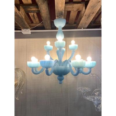 Contemporary Matte Light Blue Murano Style Glass Chandelier