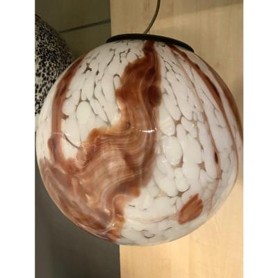 Contemporary Milky White Spot With Brown Sphere Pendant in Murano Glass