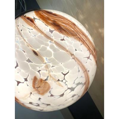 Contemporary Milky White Spot With Brown Sphere Pendant in Murano Glass