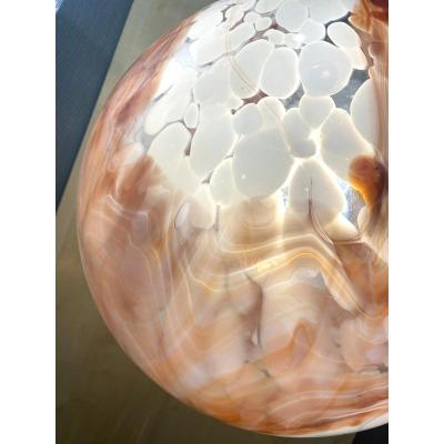 Contemporary Milky White Spot With Brown Sphere Pendant in Murano Glass