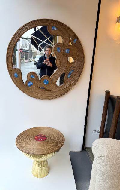 Contemporary Mirror Rattan Marquetry and Enamel Metal Italy