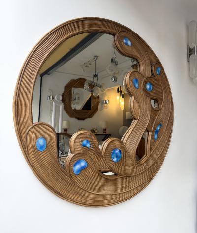Contemporary Mirror Rattan Marquetry and Enamel Metal Italy
