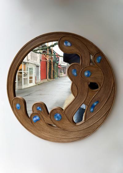 Contemporary Mirror Rattan Marquetry and Enamel Metal Italy