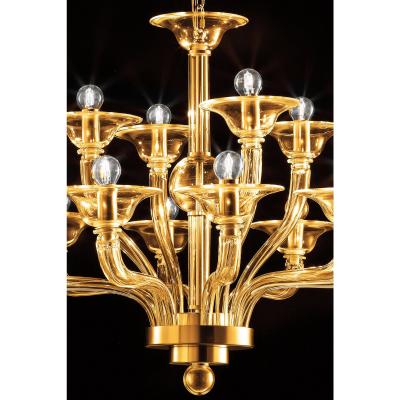 Contemporary Modern Amber Linear Murano Glass Gold Chandelier