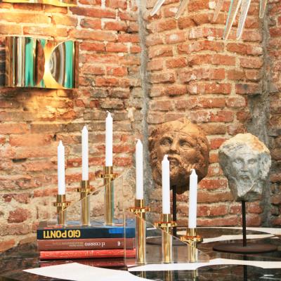 Contemporary Modern French Brass and Methacrylate Pair of Candelabras