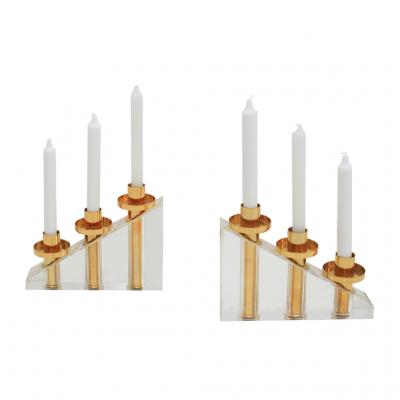 Contemporary Modern French Brass and Methacrylate Pair of Candelabras