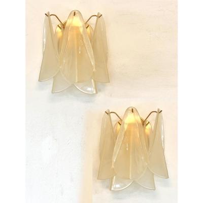 Contemporary Modern Sanded Champagne Rondini Murano Wall Sconces Set of Two