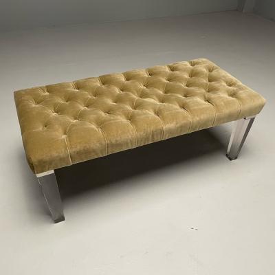 Contemporary Modern Tufted Window Bench Chrome Acrylic Green Velvet 2010s