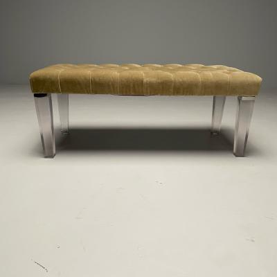 Contemporary Modern Tufted Window Bench Chrome Acrylic Green Velvet 2010s