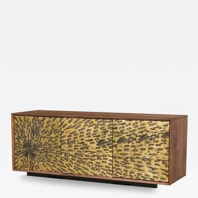 Contemporary Modern Walnut and Etched Brass 3 Door Credenza Sideboard
