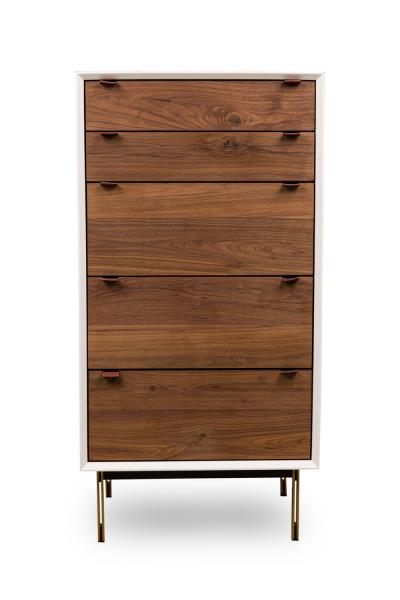 Contemporary Modern White Lustrosa Cabinet and Natural Wood 5 Drawer Chest