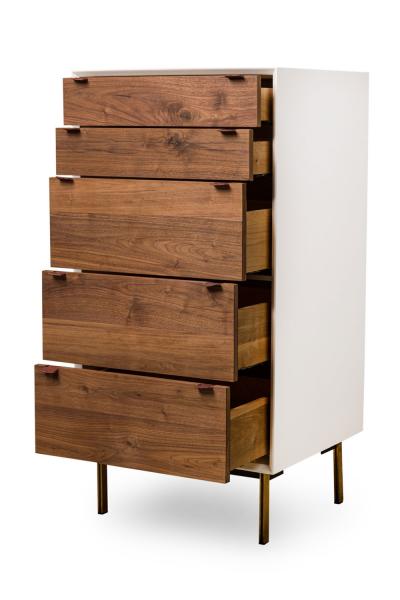 Contemporary Modern White Lustrosa Cabinet and Natural Wood 5 Drawer Chest