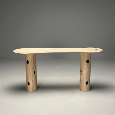 Contemporary Organic Modern Console Table Double Pedestal Beige Marble