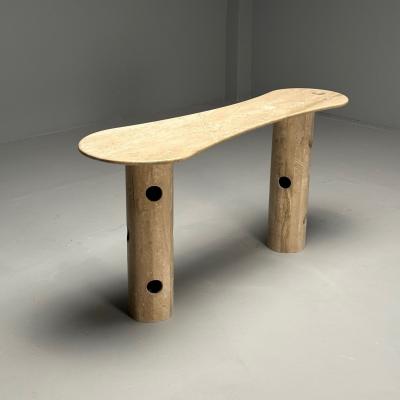 Contemporary Organic Modern Console Table Double Pedestal Beige Marble